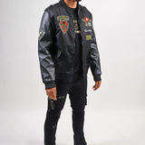 Honor & Glory Bomber Jacket, Honor & Glory Tee, Denim Jeans, and Trucker Hat Combo