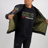 Honor & Glory Bomber Jacket, Honor & Glory Tee, Denim Jeans, and Trucker Hat Combo