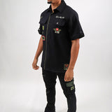 Honor & Glory Button Up Shirt, Distressed Tee, Denim Jean and Trucker Hat Combo