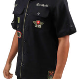 Honor & Glory Button Up Shirt, Distressed Tee, Denim Jean and Skully Cap Combo