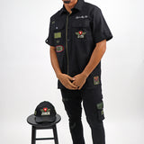Honor & Glory Button Up Shirt, Distressed Tee, Denim Jean and Trucker Hat Combo
