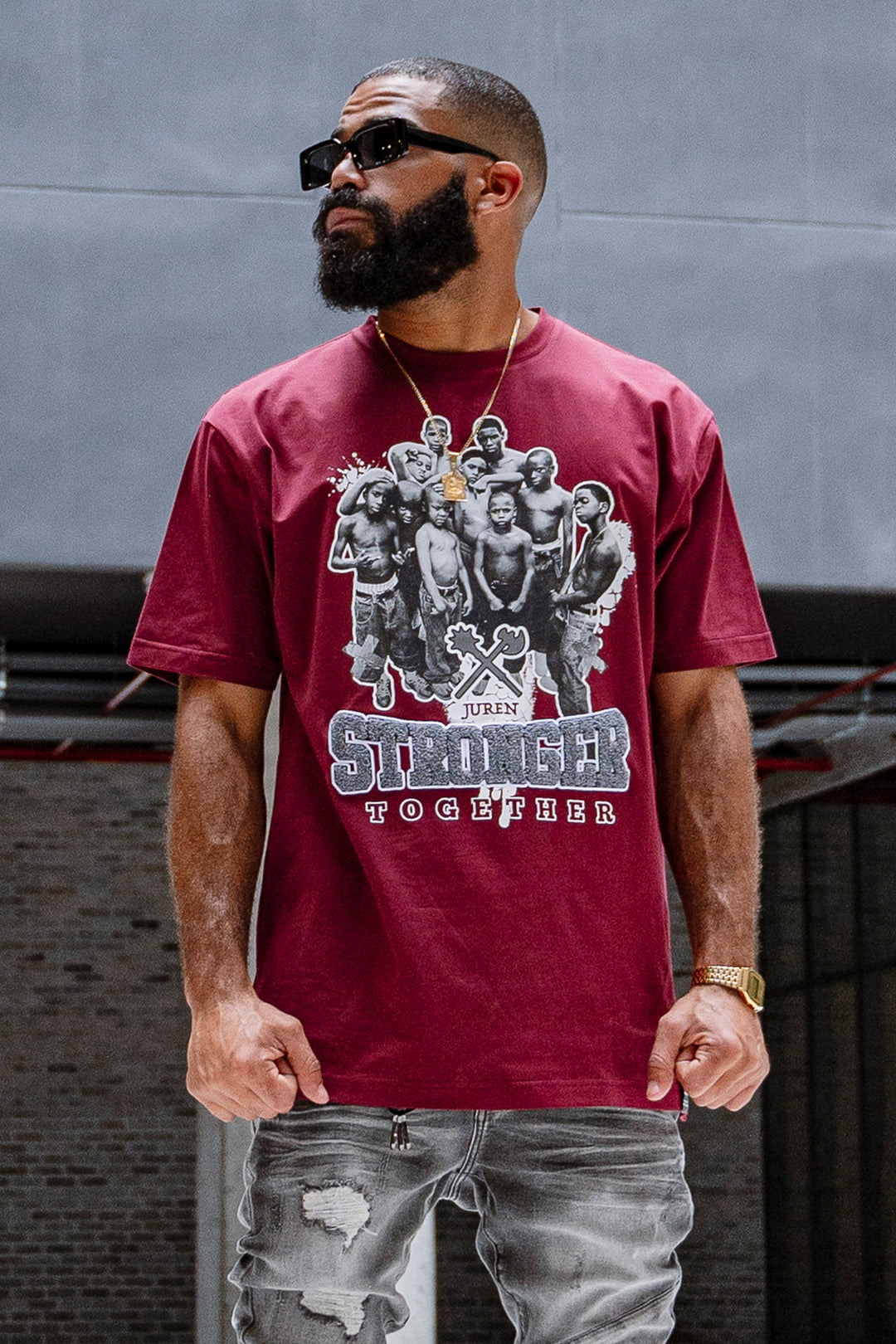 STRONGER TOGETHER EMBROIDERED BURGUNDY TEE