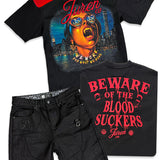 Beware Of The Blood Suckers Black 2 Shirt, Black Denim Shorts and Trucker Hat Combo