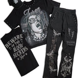 Beware Black Shirt (Rhinestones), Sweat Pants (Rhinestones) and Trucker Hat Combo