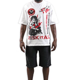 Risk It All White & Black Shit, Black Denim Shorts and Trucker Hat Combo