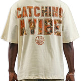Catching A Vibe Cream Shirt, Denim Jean Shorts and Trucker Hat Combo