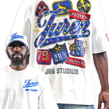 A man modeling a white graphic T-shirt, showing both the front and back views. The back features a large, colorful patchwork-style graphic with the word 'Juren' in blue script, red banners, and blue stars.