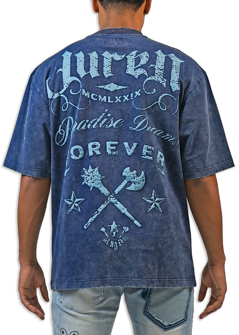 Man wearing a blue acid wash t-shirt with text and graphics on the back Juren logo battle axe