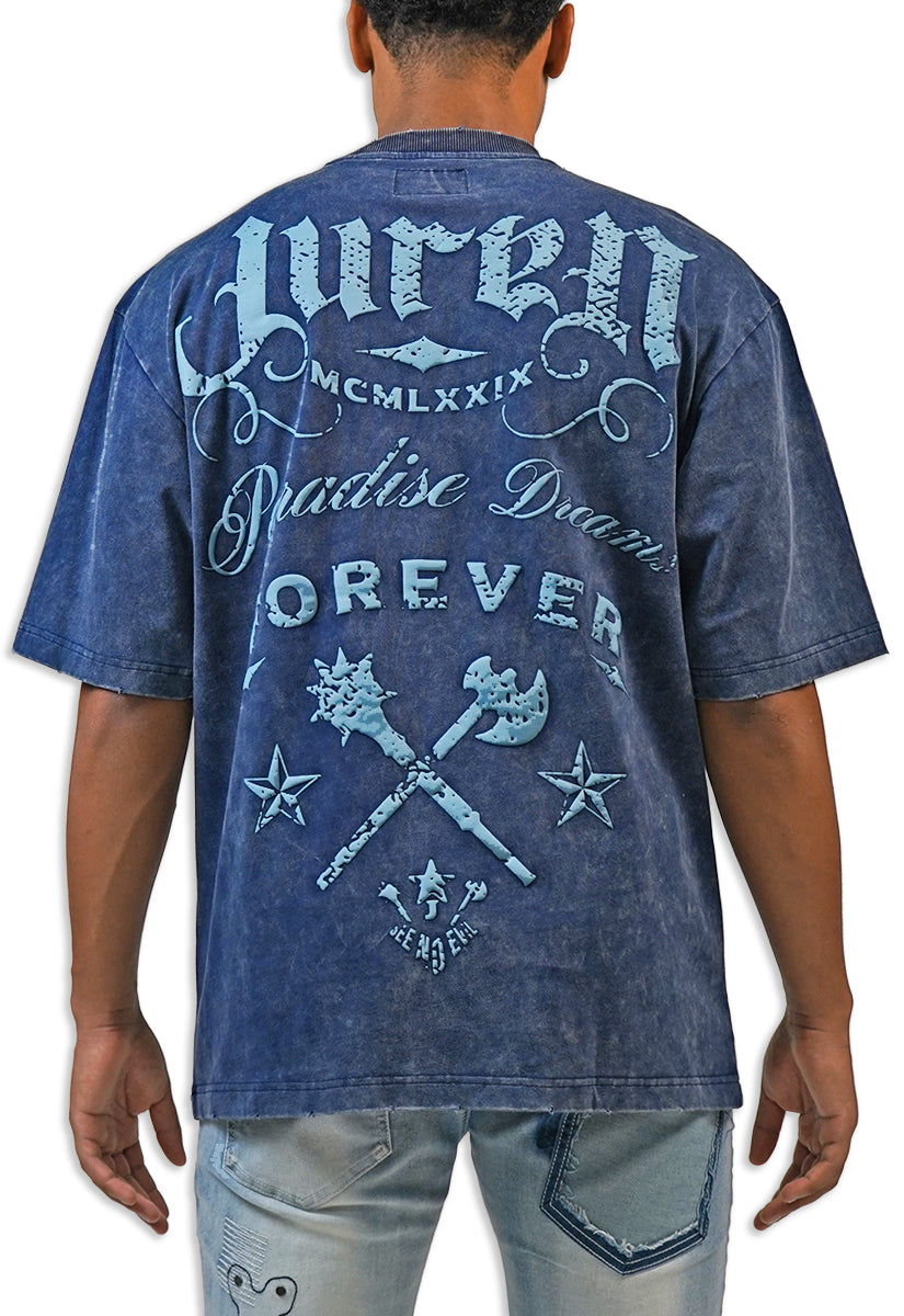 Man wearing a blue acid wash t-shirt with text and graphics on the back Juren logo battle axe