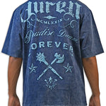 Man wearing a blue acid wash t-shirt with text and graphics on the back Juren logo battle axe