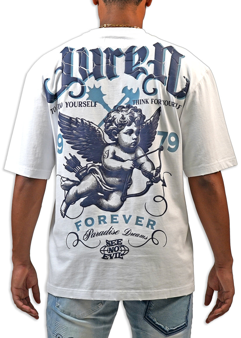 White t-shirt with blue graphic design featuring an angel and text on a white background