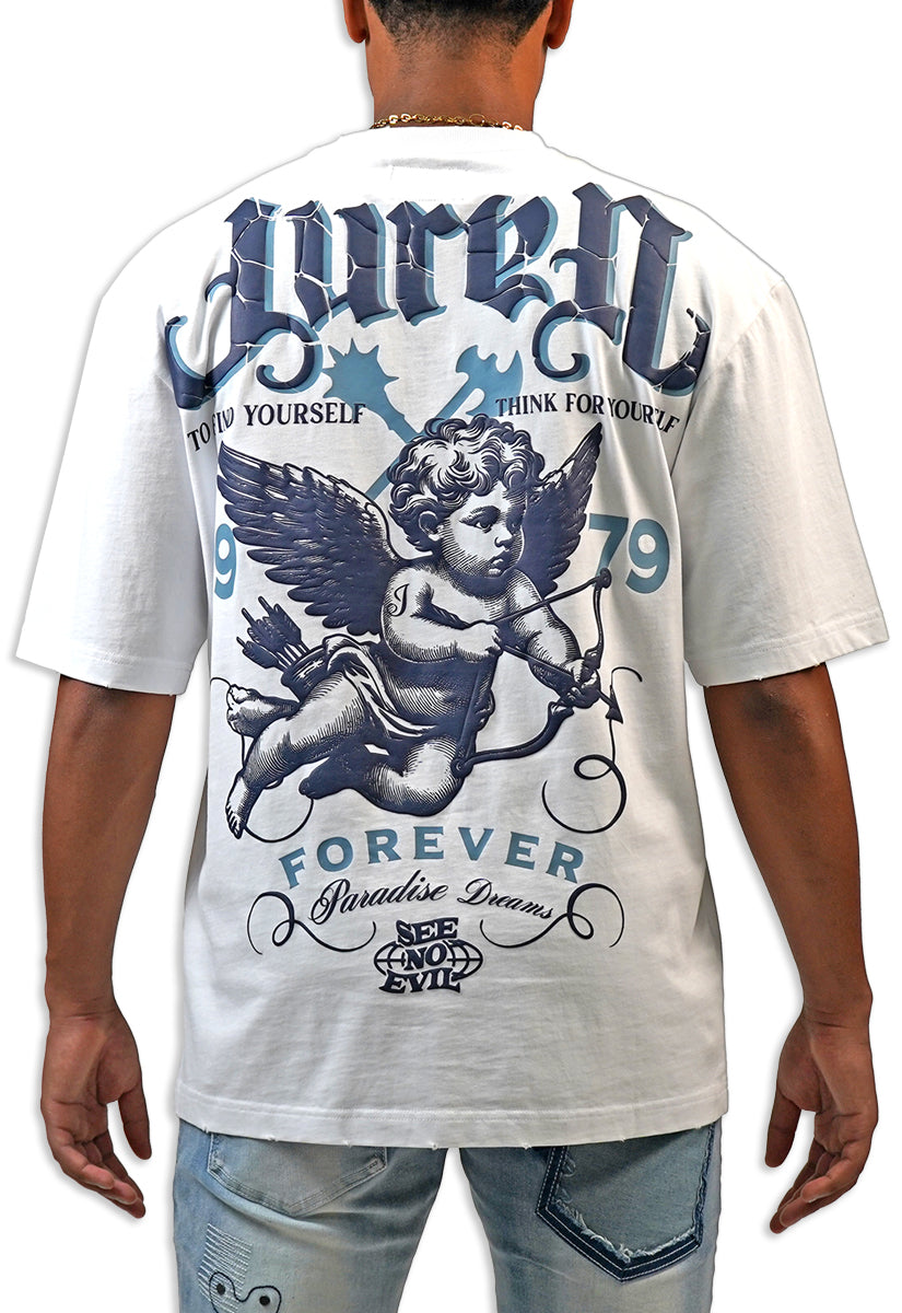White t-shirt with blue graphic design featuring an angel and text on a white background