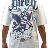 White t-shirt with blue graphic design featuring an angel and text on a white background