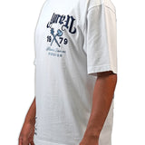 Person wearing a white t-shirt with navy text and graphics on a white "Juren 1979 Logo.