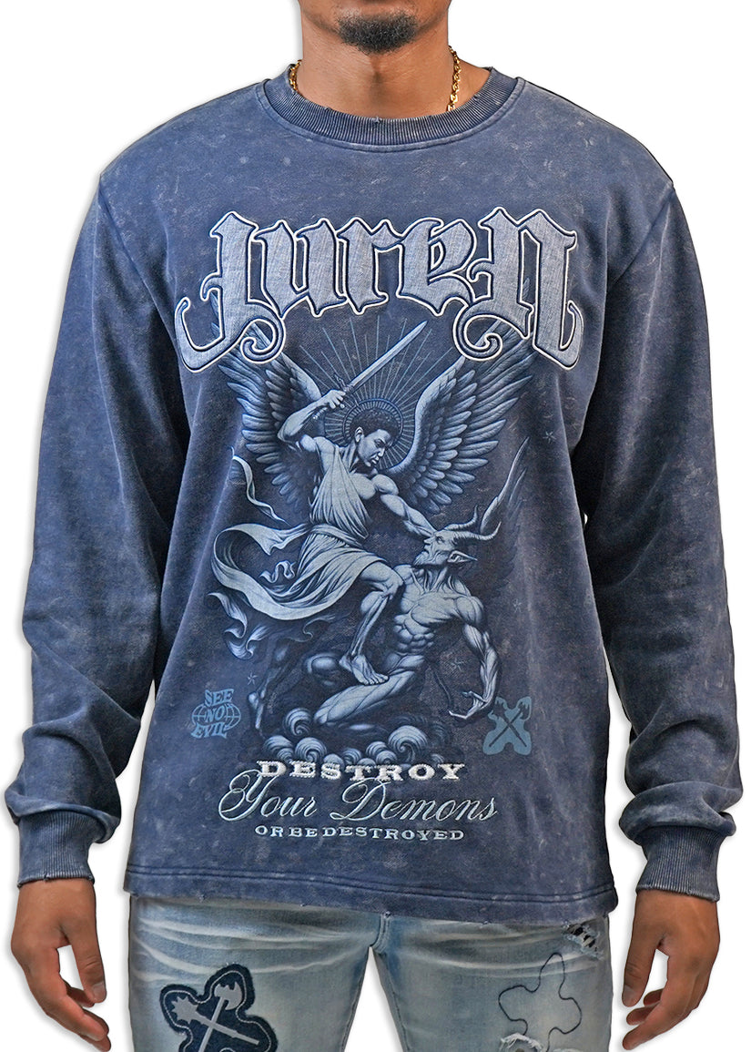 Long sleeve Blue Acid Wash Graphic Design Shirt. Destroy your Demon Graphic.
