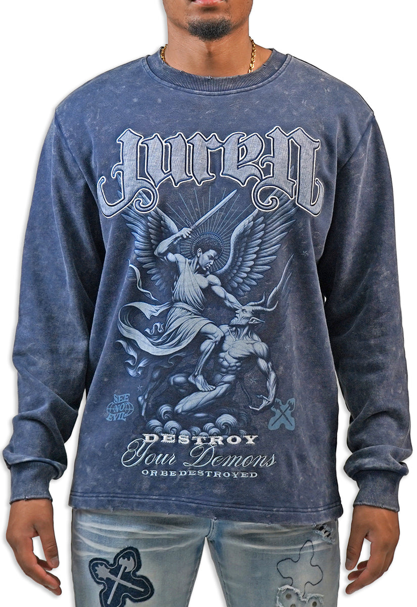 Long sleeve Blue Acid Wash Graphic Design Shirt. Destroy your Demon Graphic.