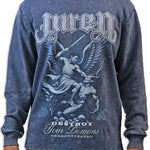 Long sleeve Blue Acid Wash Graphic Design Shirt. Destroy your Demon Graphic.