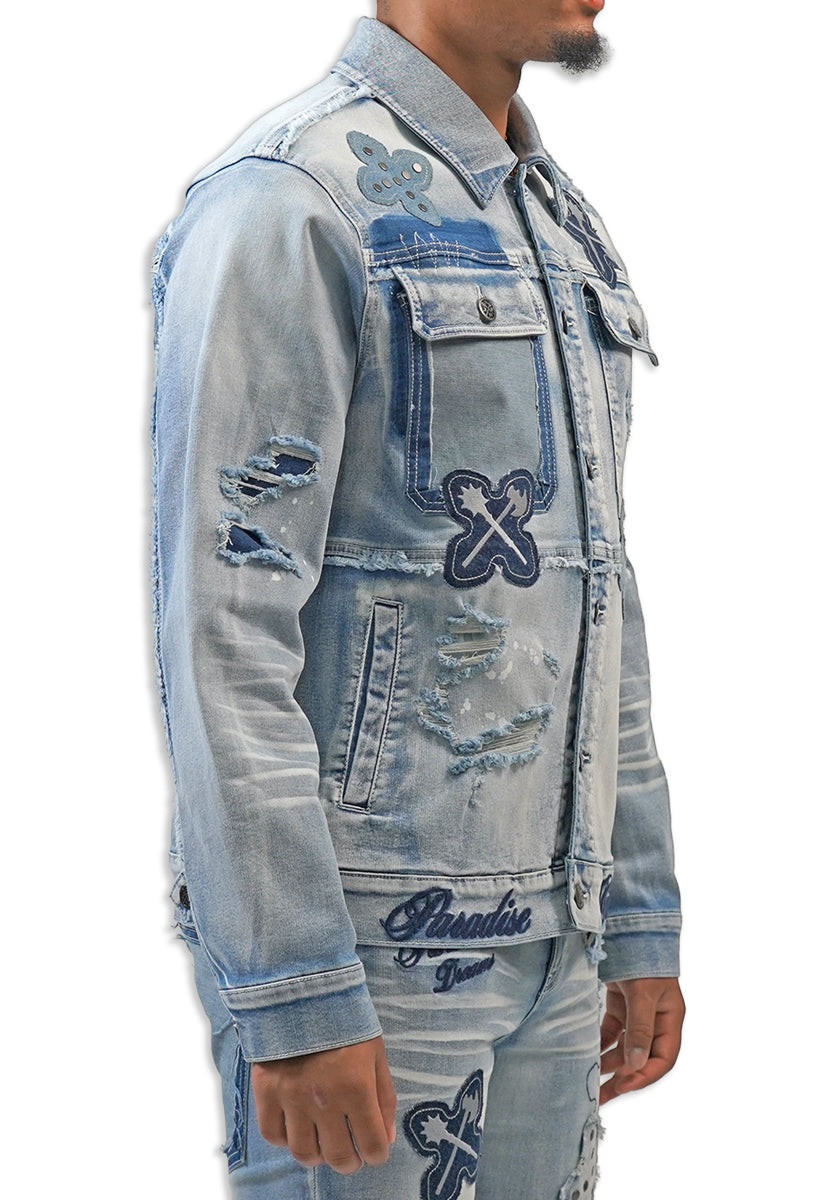 Denim jacket with branding and distressing on a white background
