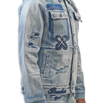 Denim jacket with branding and distressing on a white background