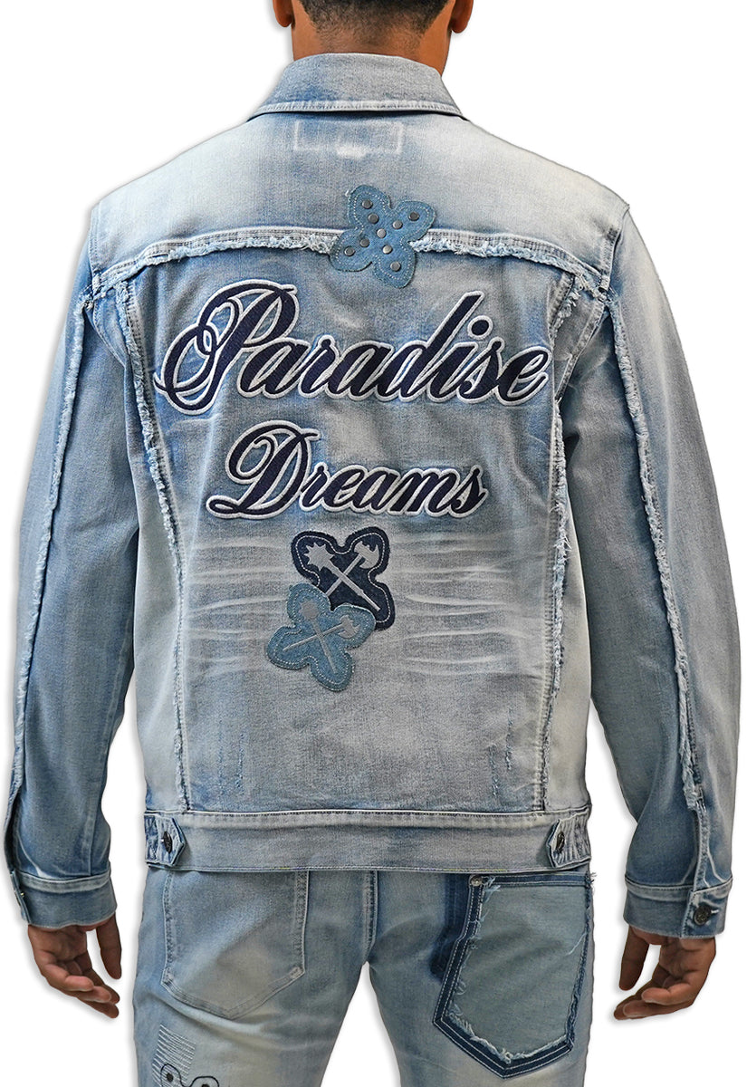Light blue denim jacket with 'Paradise Dreams' text and butterfly designs on a white background