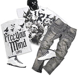 Free Your Mind White T-Shirt, Grey Denim Jeans and Leather Trucker Hat Combo (Shoes Not Included)