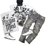 Free Your Mind White T-Shirt, Grey Denim Jeans and Leather Trucker Hat Combo (Shoes Not Included)
