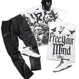 Free Your Mind White T-Shirt, Black Denim Jeans and Leather Trucker Hat Combo (Shoes Not Included)
