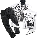 Free Your Mind White T-Shirt, Black Denim Jeans and Leather Trucker Hat Combo (Shoes Not Included)