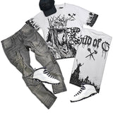Child of God White T-Shirt, Grey Denim Jeans and Leather Trucker Hat Combo (Shoes Not Included)