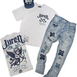 Paradise Dream White Shirt, Denim Jeans and God Bless Navy Hat Combo