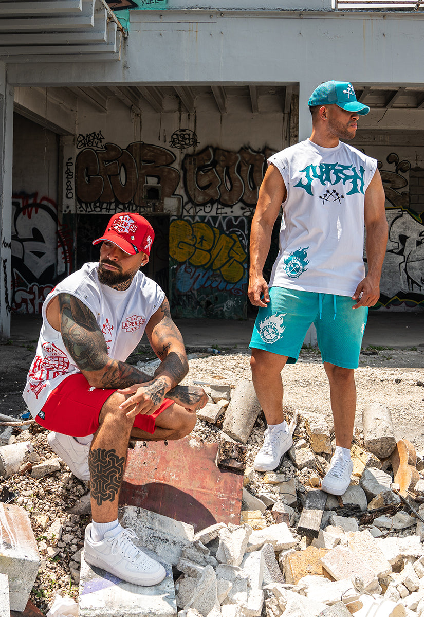 Unleash Your Potential Muscle Tee,  Raw Edge Shorts and Trucker Hat Combo