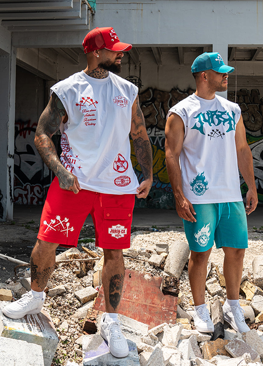 Unleash Your Potential Muscle Tee,  Raw Edge Shorts and Trucker Hat Combo
