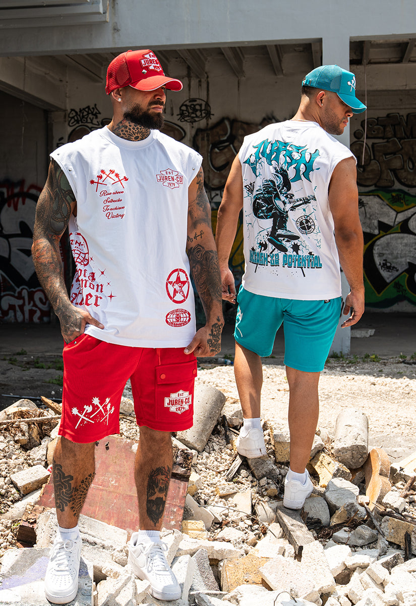 Unleash Your Potential Muscle Tee,  Raw Edge Shorts and Trucker Hat Combo