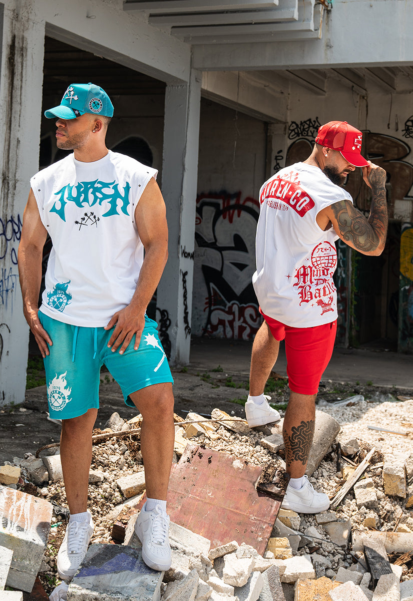 Unleash Your Potential Muscle Tee,  Raw Edge Shorts and Trucker Hat Combo