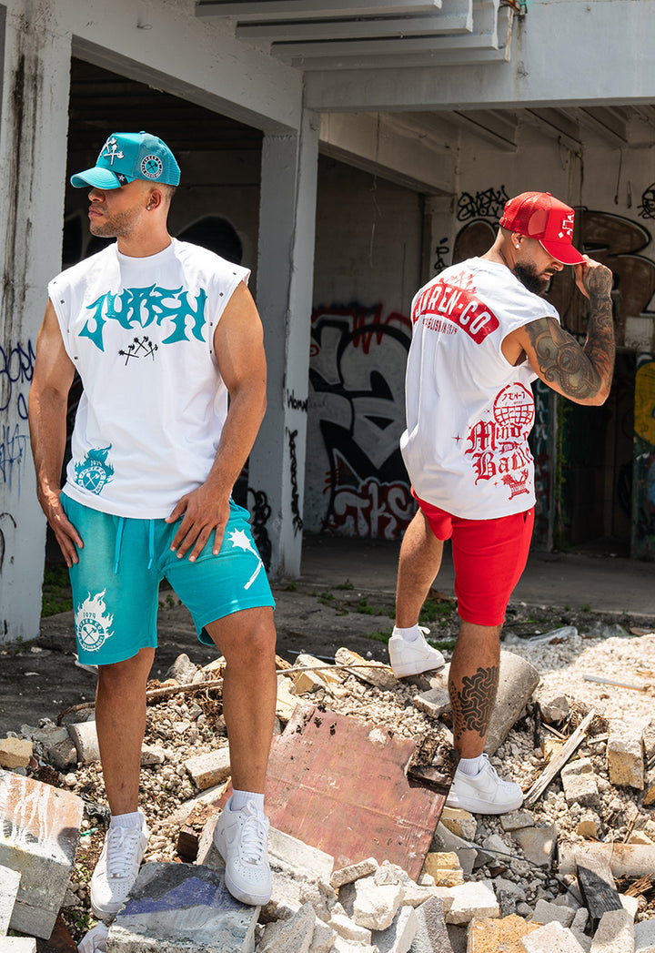 Unleash Your Potential Muscle Tee,  Raw Edge Shorts and Trucker Hat Combo