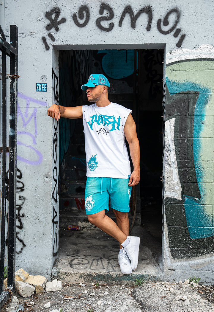 Unleash Your Potential Muscle Tee,  Raw Edge Shorts and Trucker Hat Combo
