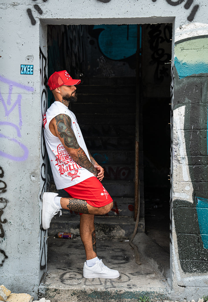 Rise Above Setbacks Muscle Tee, Established Shorts and Trucker Hat Combo
