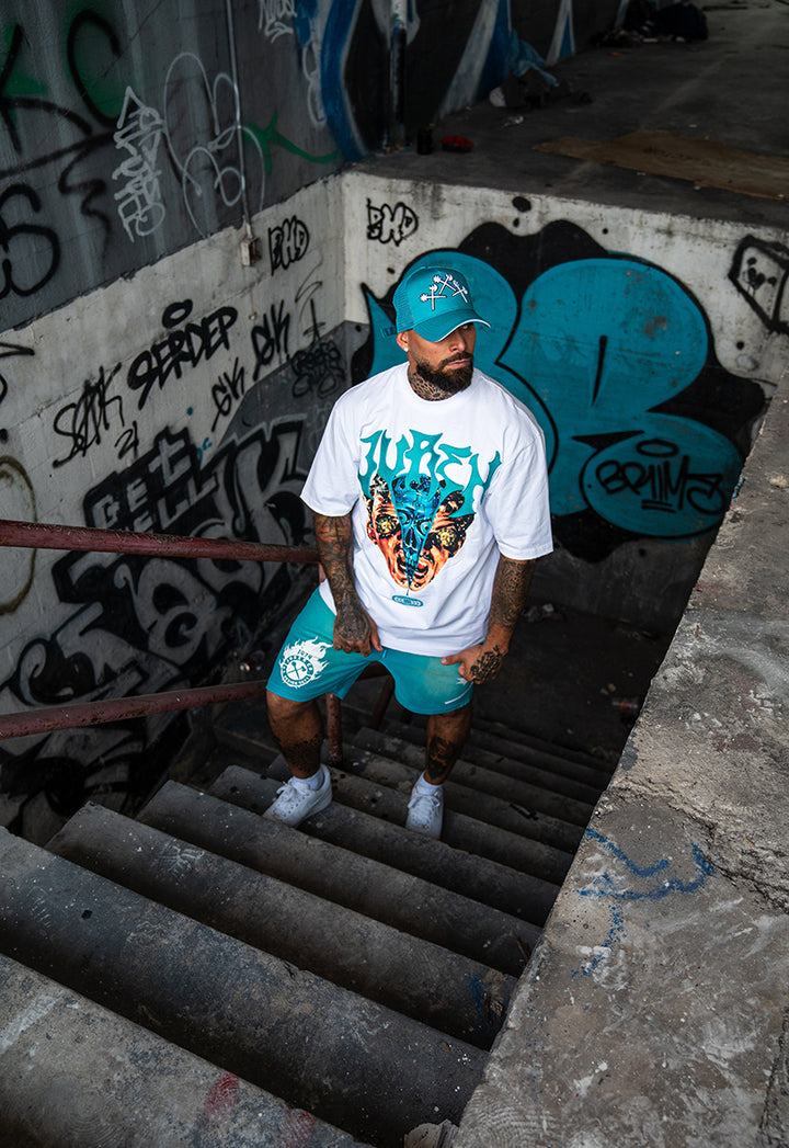 Embrace The Shadows Heavyweight Tee, Raw Edge Shorts, and Trucker Hat Combo