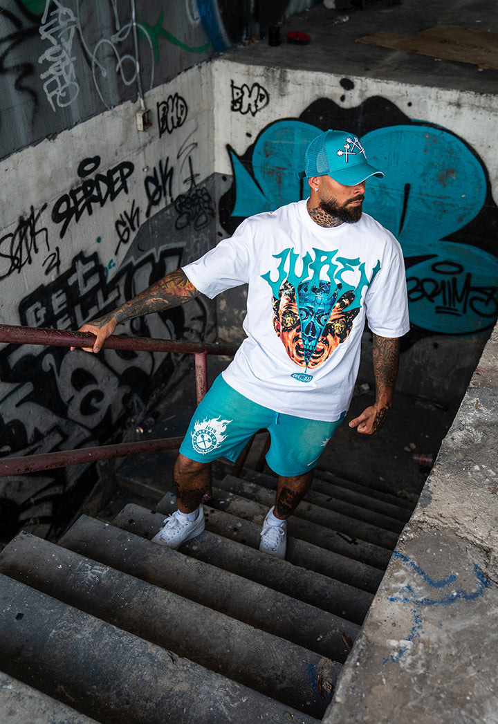 Embrace The Shadows Heavyweight Tee, Raw Edge Shorts, and Trucker Hat Combo