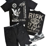 Risk It All Black, Black Denim Shorts Shirt, Trucker Hat and Sneakers Combo