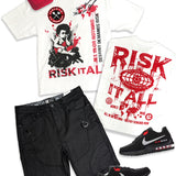 Risk It All White Shirt, Black Denim Shorts and Black/Red Trucker Hats and Sneakers Combo