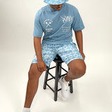 Design Dept T-Shirt Frost Blue, AOP  Silk Shorts and Bucket Hat Combo