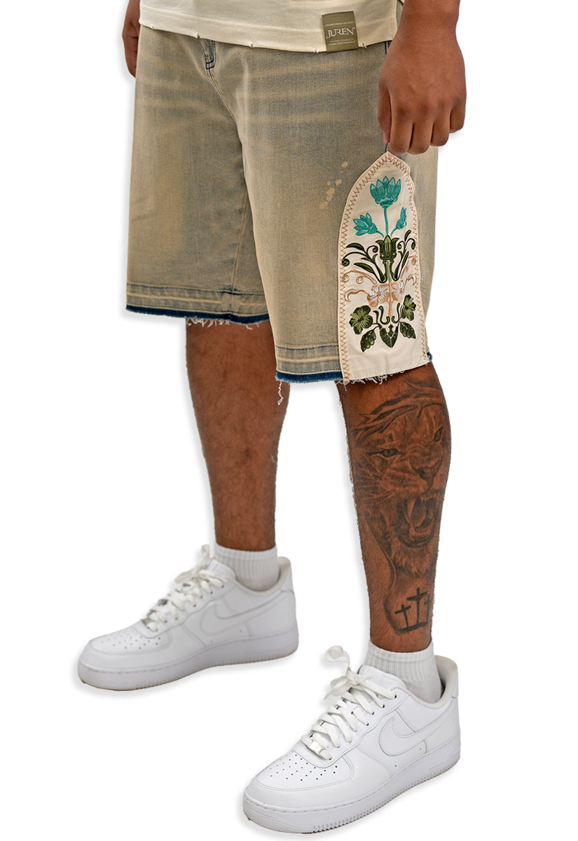 JACQUARD PATCHWORK DENIM SHORT