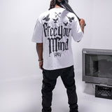 Free Your Mind White T-Shirt, Grey Denim Jeans and Leather Trucker Hat Combo (Shoes Not Included)