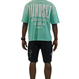 Juren Mindset Mint Shirt - Rhinestones, Black Denim Shorts and Trucker Hat Combo