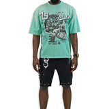Juren Mindset Mint Shirt - Rhinestones, Black Denim Shorts and Trucker Hat Combo