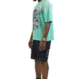 Juren Mindset Mint Shirt - Rhinestones, Black Denim Shorts and Trucker Hat Combo