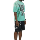 Juren Mindset Mint Shirt - Rhinestones, Black Denim Shorts and Trucker Hat Combo