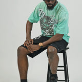 Juren Mindset Mint Shirt - Rhinestones, Grey Denim shorts and Trucker Hat Combo