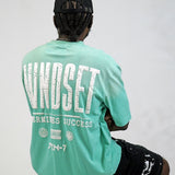 Juren Mindset Mint Shirt - Rhinestones, Grey Denim shorts and Trucker Hat Combo